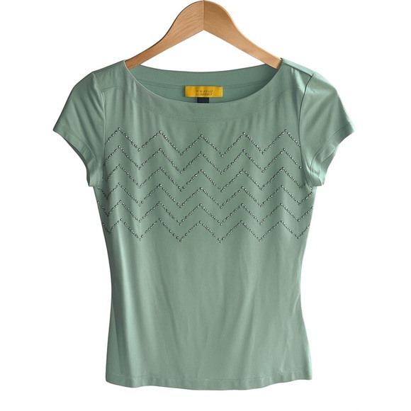 St. John Mint Green Silver Rhinestone Embellished Short Sleeve Top Size S/Petite - Picture 1 of 8